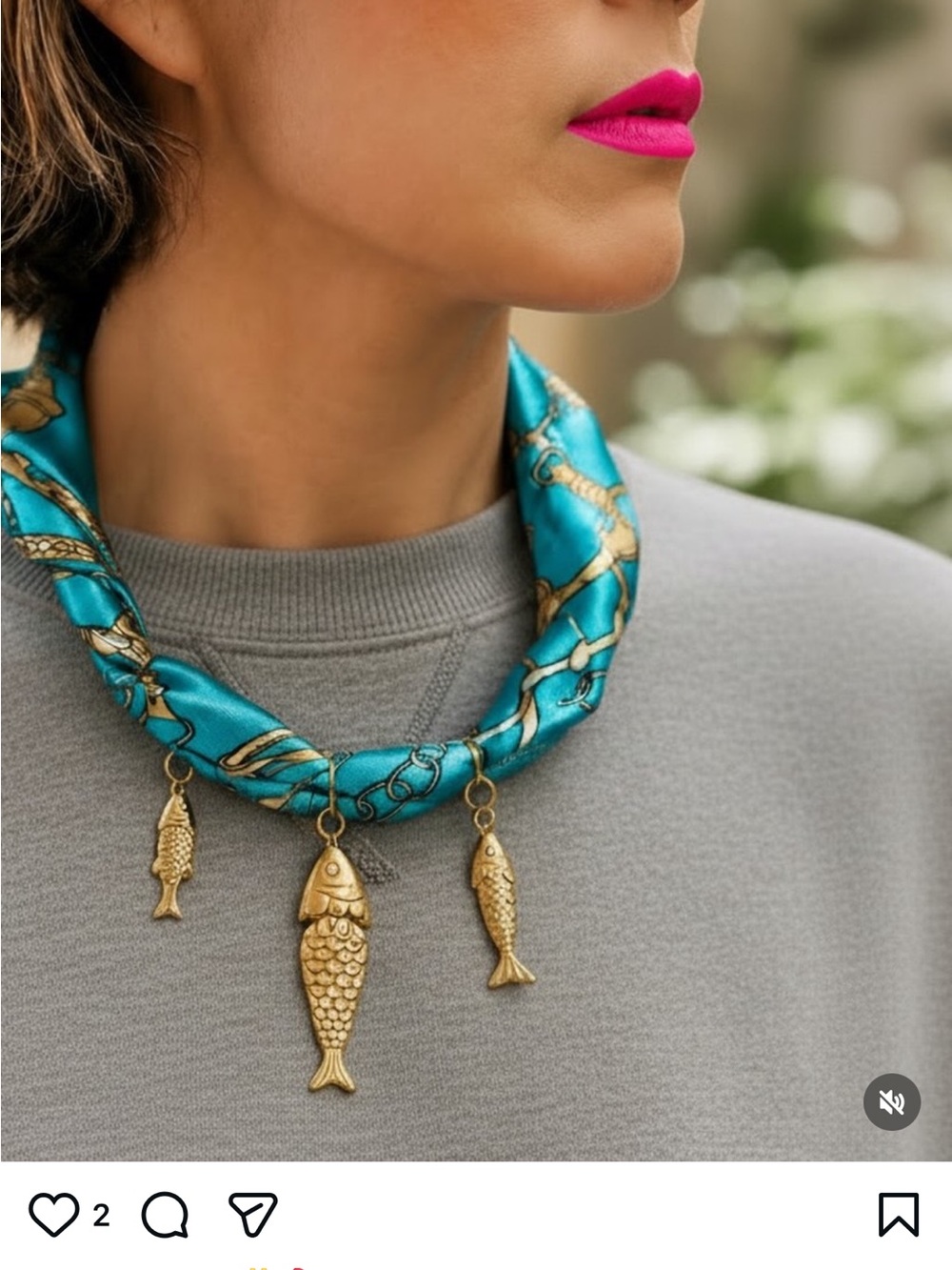 Turquoise Silk Scarf Necklace with Gold Fish Charms